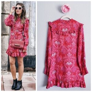Zara Blogger Favorite Fushia Pink Bohemian Long Sleeve Ruffle Mini Dress